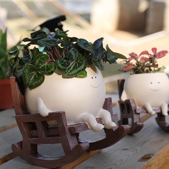 Smily Face Planter Pot Cute Resin Flower Head Planters for Indoor Outdoor Plants Unique Sitting Rocking Chairs Succulent Pots for String of Pearls Plant Live Gift Ideals with Drainage Hole