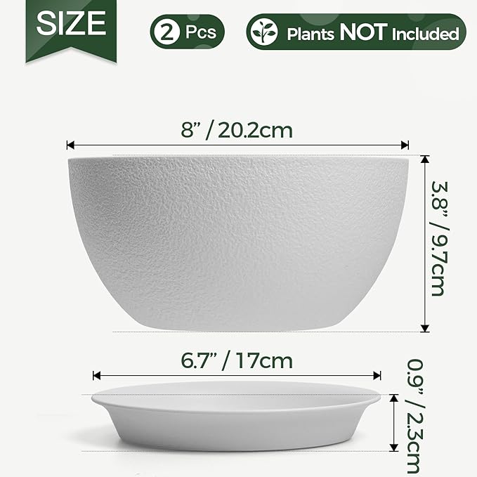 T4U 8 Inch Plant Pots, Plastic Planters with Drainage Holes, Plugs, and Saucers, Ideal for Indoor and Outdoor Use - 2 Pack, White
