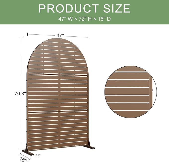 Casaphoria 72" H x 47" W Arched Metal Privacy Screen - Elegant Freestanding Outdoor Screen for Deck, Patio & Balcony - Versatile Decorative Privacy Panels for Home & Garden Use (Brown-Louvered)