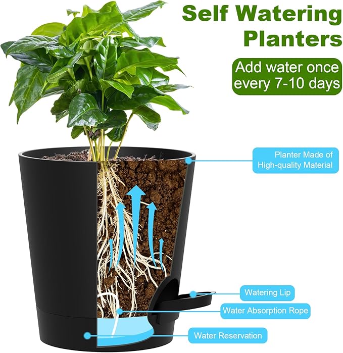Self Watering Pots, 7/6.5/6/5.5/5/4 inch Flower Pots with Multi Mesh Drainage Holes, Small Platic Planters for Indoor Outdoor Garden Plants and Flowers (Black, 7"+6.5"+6"+5.5"+5"+4")