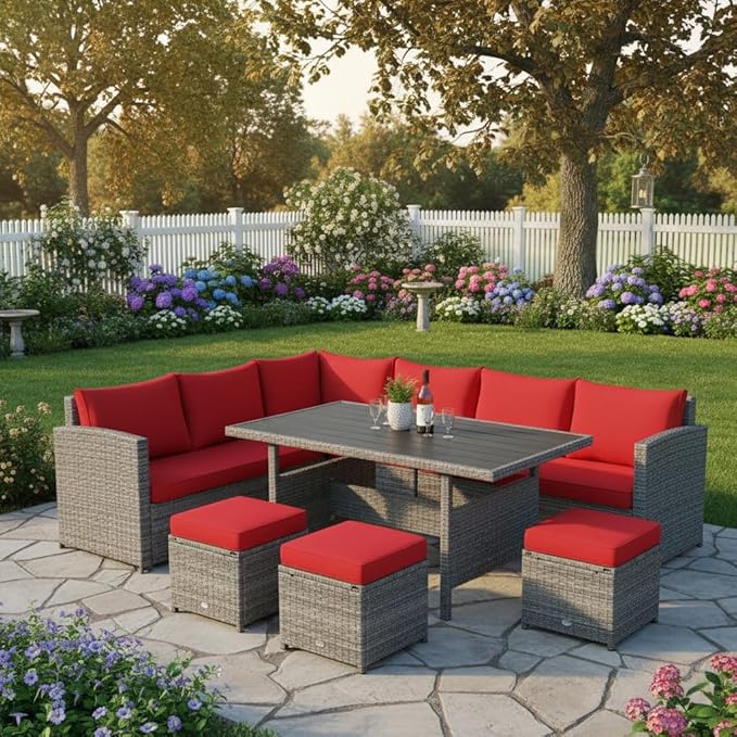 Tangkula 7 Pieces Patio Furniture Set, Outdoor Sectional Rattan Sofa Set with Cushions, All Weather Wicker Conversation Couch Set w/Dining Table & Ottomans for Backyard Garden Poolside