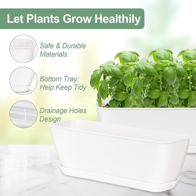 4-Piece White Rectangular Window Sill Planters with Drainage Holes and Trays (11 Inches) for Basil, Orchids, and Succulents Modern Herb Garden Planters Suitable for Indoor/Outdoor Plants