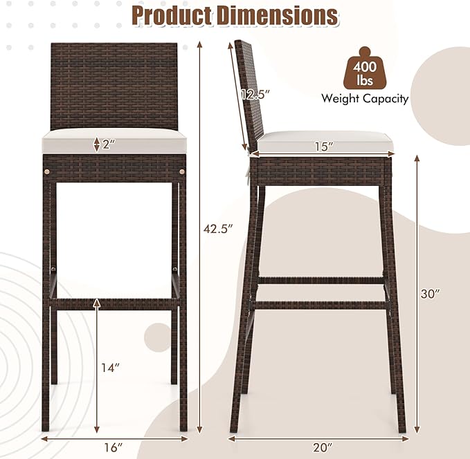 HAPPYGRILL Wicker Patio Barstools Set of 2, Outdoor Rattan Bar Chairs with Footrest & Backrest, Armless High Top Chairs with Seat Cushions for Backyard, Balcony