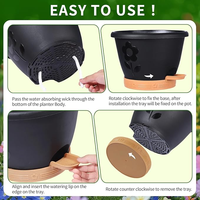 Plant Pots, Flower Pots for Indoor/Outdoor Plants, Self Watering Plastic Planters Pots with Drainage Holes, Saucer & Reservoir, Decorative Nursery Planting Pots(10 Inch Set of 4) (Black)