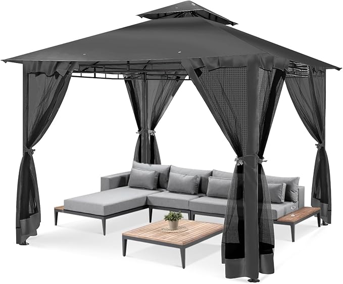 COBIZI Gazebo 10x10 Heavy Duty Gazebos with Improved Nettings Outdoor Gazebo Double Roof Patio Gazebos with Metal Steel Frame Outdoor Canopy for Patio, Deck, Backyard (Black)