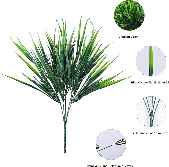 12Pcs Artificial Plants Outdoor Fake Plastic Grass Spring Decoration UV Resistant Faux Greenery Stems Bushes Outside Fake Plants for Planters Patio Porch Window Box Pathway Garden Home Decor, Green