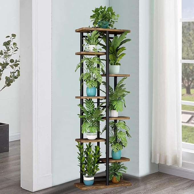 LINZINAR Plant Stand 8 Tier 9 Potted Multiple Flower Pot Holder Shelf Indoor Outdoor Planter Rack Storage Organizer for Patio Garden Corner Balcony Living Room (Black, 8 Tier)
