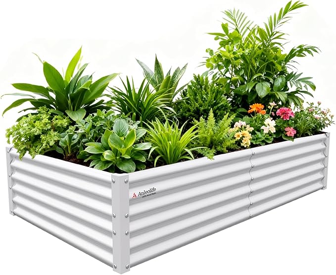 A ANLEOLIFE 6X3X1.5 ft Galvanized Raised Garden Beds Outdoor, Rectangular Metal Planter Box for Planting Vegetables Flowers Herb, Anti-Rust & Easy-Setup, Antique White