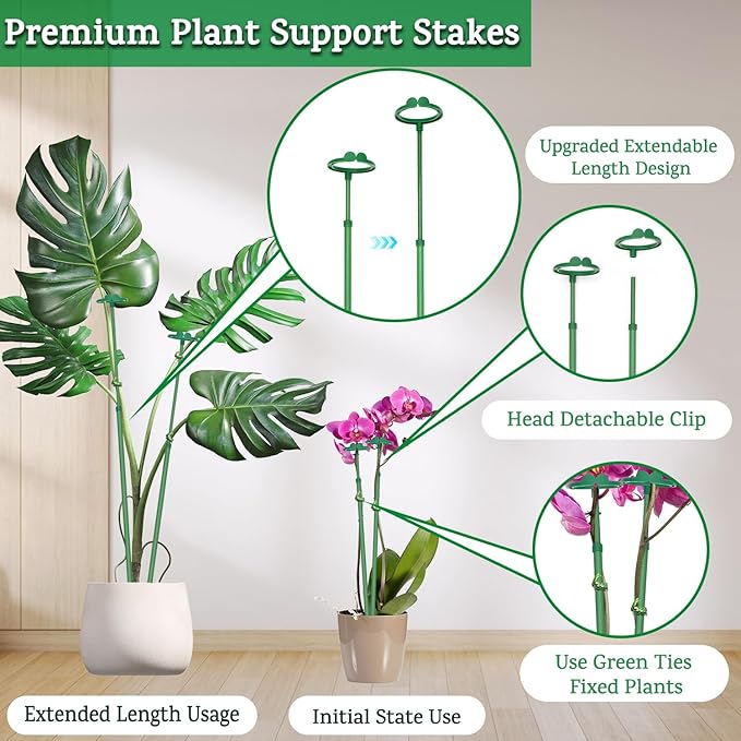 Extendable Plant Stakes, Length Scalable from 17.5IN to 30.1IN Plant Support Stake, Orchid Sticks with Clips for Indoor Outdoor,Garden Stakes for Plant,Tomato,Vegetables,Monstera,Vine - 7Pack