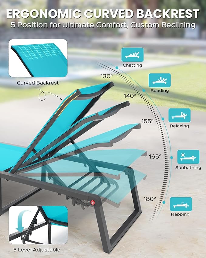 Aluminum Chaise Lounge Outdoor Set of 2, Foldable & Assembly Free Patio Pool Lounge Chairs 5-Position Recliner for Outside Poolside, Fully Grounded Legs Sun Lounger for Beach, Yard, Lake Blue