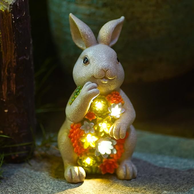 Nacome Solar Garden Outdoor Statues Bunny with Succulent and 7 LED Lights – Lawn Decor for Patio, Balcony, Yard Ornament - Chrismtas Gifts for Mom Grandma