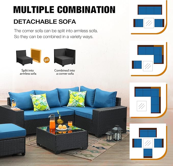 6 Pieces Patio Furniture Set All-Weather Outdoor Wicker Sectional Conversation Sofa Rattan Patio Seating Sofa with Cushion and Glass Table for Porch Poolside,Peacock Blue