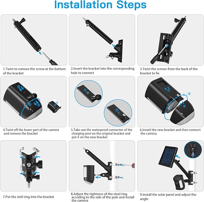HOLACA 2-in-1 Pole Mounting Bracket for Stick Up Cam Pro Solar Panel, Spotlight Cam Pro/Plus and Stick Up Cam Battery/Wired Outdoor Mount Accessories for Ring SuperSolar Panel (Black)