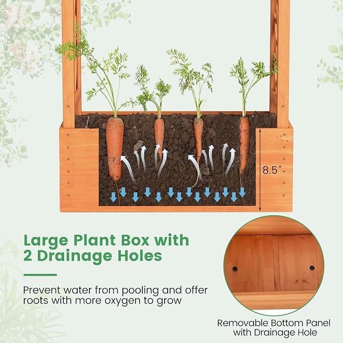 Giantex Raised Garden Bed with 2-Sided Trellis & Hanging Roof, Fir Wood Planter Box w/Drainage Holes, Bottom Gaps, Freestanding Garden Planter for Flowers Herbs Climbing Vines (31" x 12.5" x 60")