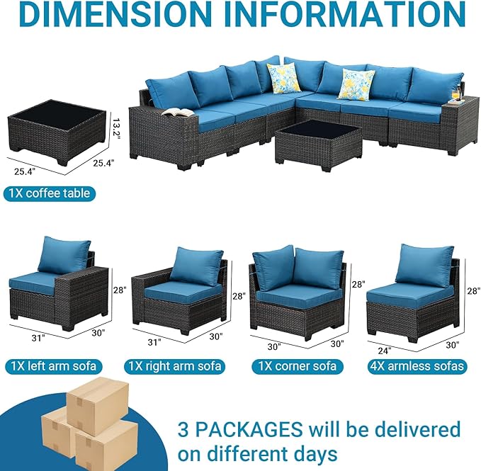 Jing's Villa 8-Piece Patio Furniture Set, All-Weather Outdoor Wicker Sectional Sofa with Cushions,Glass Table & Left and Right Armrest, Rattan Conversation Seating for Porch, Backyard,Peacock Blue