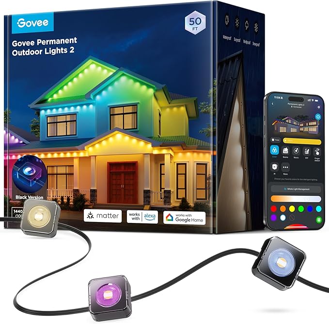 Govee Permanent Outdoor Lights 2, 50ft RGBIC Outdoor Lights with 36 LED Lights, IP67 Waterproof, 100 Scene Modes with 40lm White for Outdoor Decorations, Works with Alexa, Google Assistant, Black