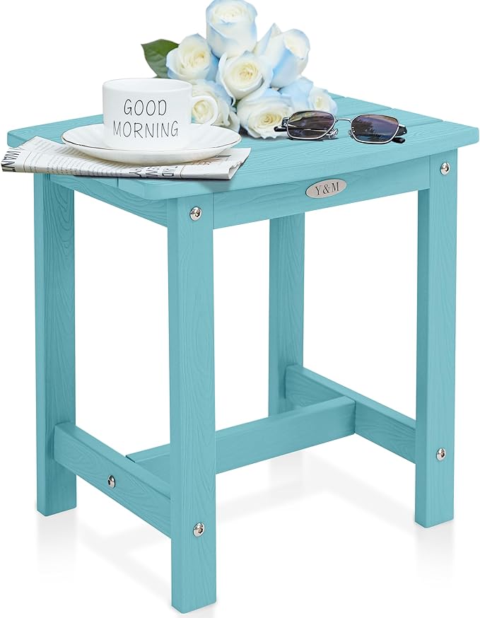 Y&M Outdoor Side Table, HIPS Adirondack Small Single Table, Waterproof Square Outside Table, Balcony Modern End Tables for Patio, Pool, Beach, Porch, Deck, Indoor or Outdoor Use, Light Blue