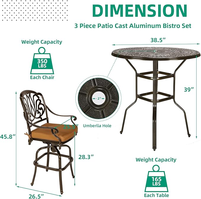 VIVIJASON 3-Piece Patio Swivel Bar Stools Set, All Weather Cast Aluminum Outdoor Bar Height Bistro Set with 2 Cushioned Bar Chairs & 38.5" High Bar Table w/Umbrella Hole for Backyard, Lawn, Garden