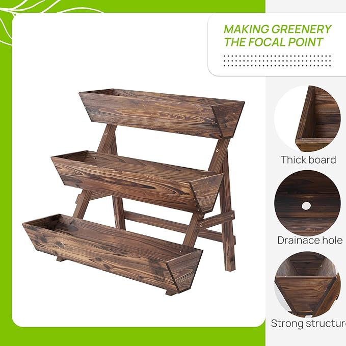 3-Tiers Wooden Raised Garden BedPlanter Box Gardening Outdoor Planter Box Patio Kit Tiered Planter Box Vertical Garden Planter Wood Plant Stand for Patio, Balcony, Freestanding (Carbonized L)