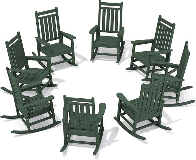SERWALL HDPE Outdoor Rocking Chair Set of 8, Patio Rocking Chairs for Adults, All Weather Outdoor Rockers for Lawn, Green