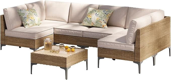 7-Piece Patio Furniture Set, Outdoor Wicker Sectional Sofa with Coffee Table, Anti-Slip & Thick All-Weather Cushions for Party,Garden,Backyard, Beige