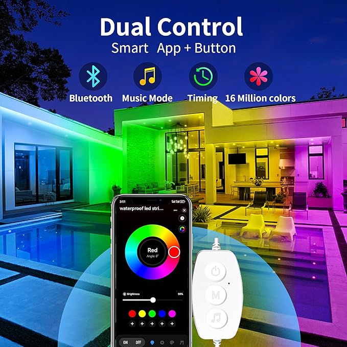KSIPZE Outdoor LED Rope Lights,IP68 Waterproof Outside Led Lights with Smart App,Music Sync RGB Exterior Led Strip Lights for Roof，Balcony,Deck,Pool (40ft)