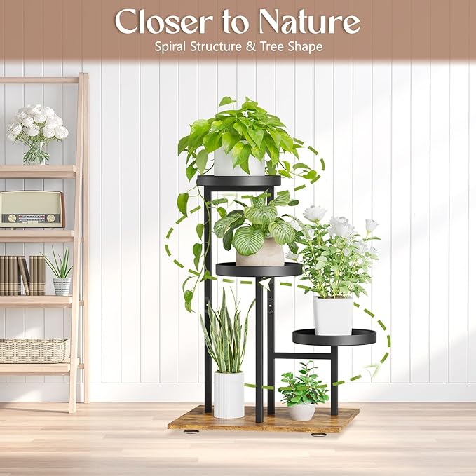 iDavosic.ly 3 Tier Plant Stand Indoor, Tiered Corner Flower Holder Shelf Outdoor, Metal Tall Orchid Display Rack for Patio Porch Garden Balcony Office Living Room, Modern Black & Rustic Brown