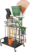 Garden Tool Organizer Rack with Wheels Up to 39 Tools, Heavy-Duty Steel Yard Tool Organizer for Garage Storage with 12 Hooks, Broom Holder & Garden Tool Rack for Shed, Patio, Outdoor Use, Black