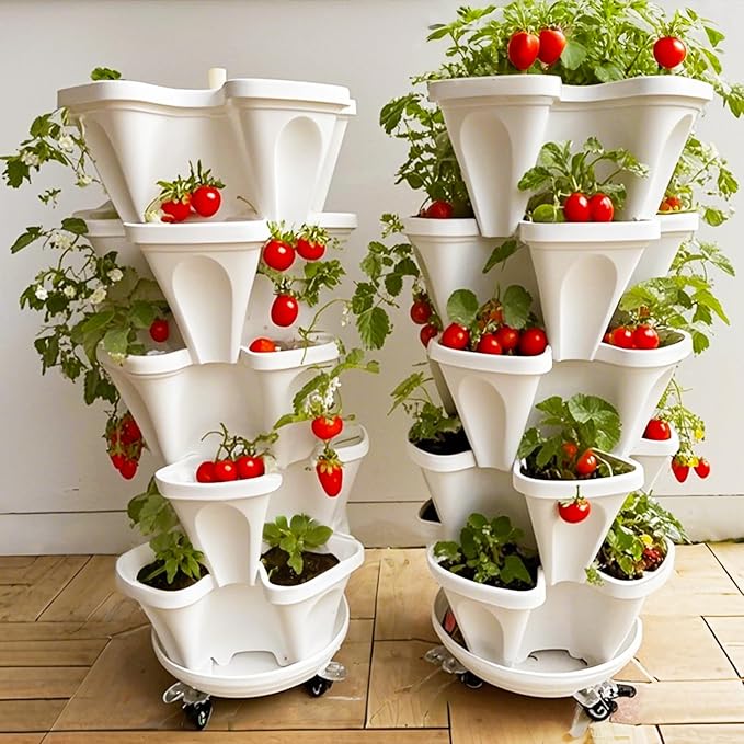 Strawberry Planters, 3 Tiered Vertical Stackable Planter, Herb Stacking Tower Garden, Flower Vegetable Planters with Support Pole, Indoor & Outdoor with Removable Wheels - Dark Grey