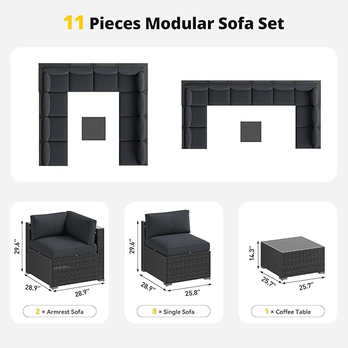 Aoxun Patio Furniture Set, 11 Piece Outdoor Sectional Sofas with Waterproof Cover, 10 Seats Wicker Rattan Outdoor Furniture Patio Conversation Set for Backyard, Garden Dark Grey