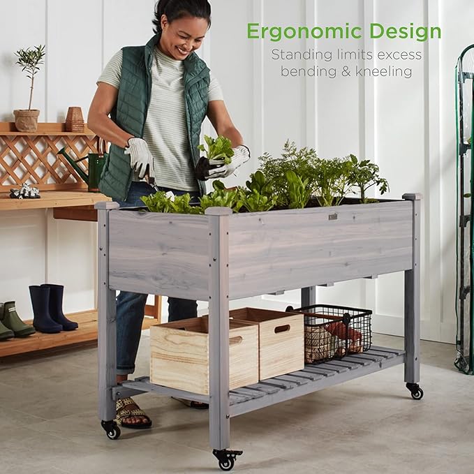 Best Choice Products Raised Garden Bed 48x24x32-inch Mobile Elevated Wood Planter w/Lockable Wheels, Storage Shelf, Protective Liner - Gray