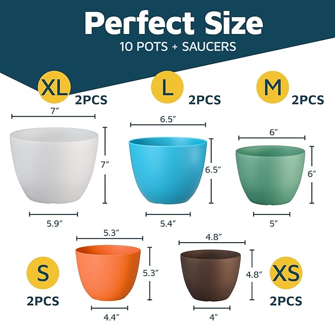 Multicolor Plant Pots with Drainage Holes & Saucers 10 Pack, Indoor & Outdoor Stackable Space-Saving Planters for Houseplants & Flowers, (7", 6.7", 6", 5.3", and 4.8" Inches), Durable & Weatherproof