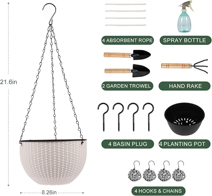 4 Sets of 8.2 Inch Self Watering Hanging Planter Flower Pots, Suitable for Indoor and Outdoor Plant Flower, Basket Flower Pots with Hanging Chains, Spray Bottles, Planting Tools, Hook (White)