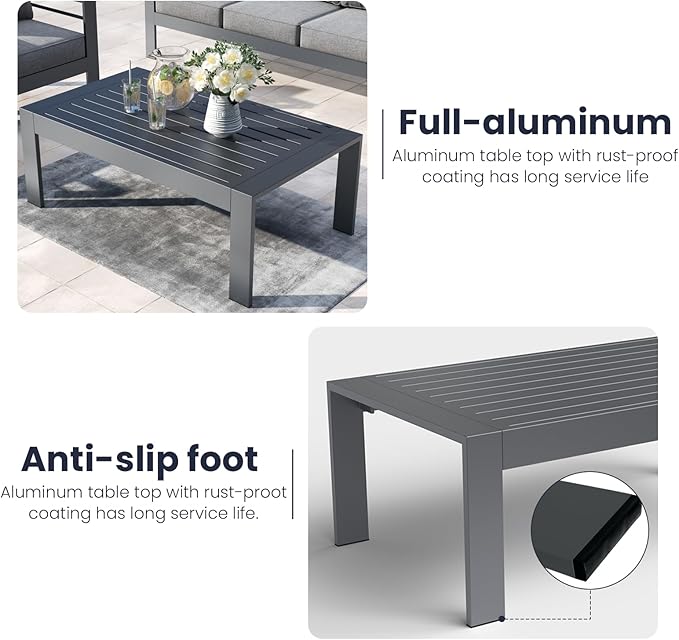 Outdoor Rectangle Patio Aluminum Coffee Tables for Outside, All Weather Patio Slatted Tabletop for Indoor or Outdoor Use
