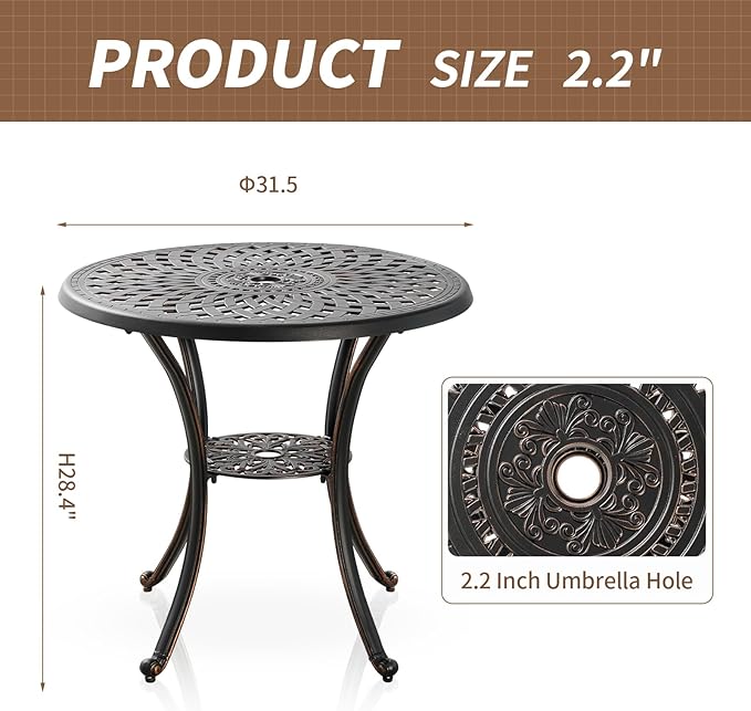 31" Round Patio Dining Table with Umbrella Hole, Cast Aluminum Bistro Table Outdoor Side Table for Backyard, Garden, Patio, Porch