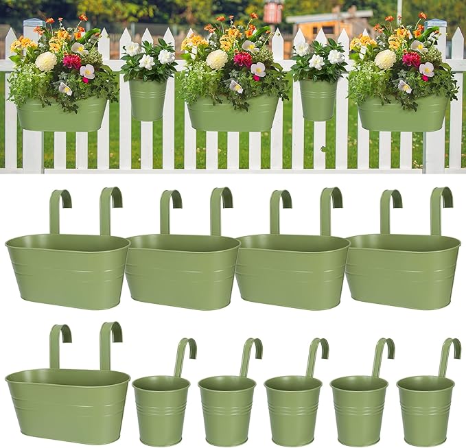 HowRU Metal Iron Flower Pots for Railing Fence Hanging Bucket Pots(5 Pcs) and Hanging Flower Pots Metal Iron Bucket Planter(10 Pcs) (Green)
