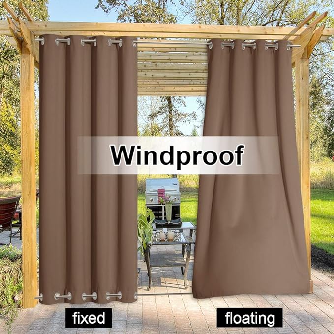 NICETOWN Outdoor Curtain for Patio Waterproof, Thermal Insulated Top and Bottom Grommets Blackout Indoor Outdoor Drape, Windproof and Keep Privacy for Pergola (1 Panel, W52 x L95 inch, Tan-Khaki)