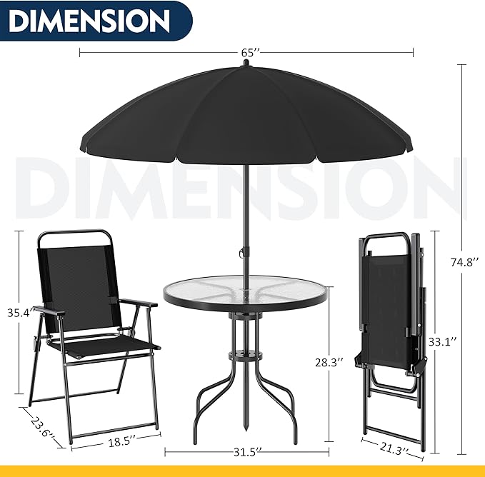 Shintenchi 6 Piece Patio Dining Set with Umbrella, Outdoor Furniture Set with 4 Folding Chairs and Tempered Glass Top Dining Table fot Lawn Backyard Garden Porch Black