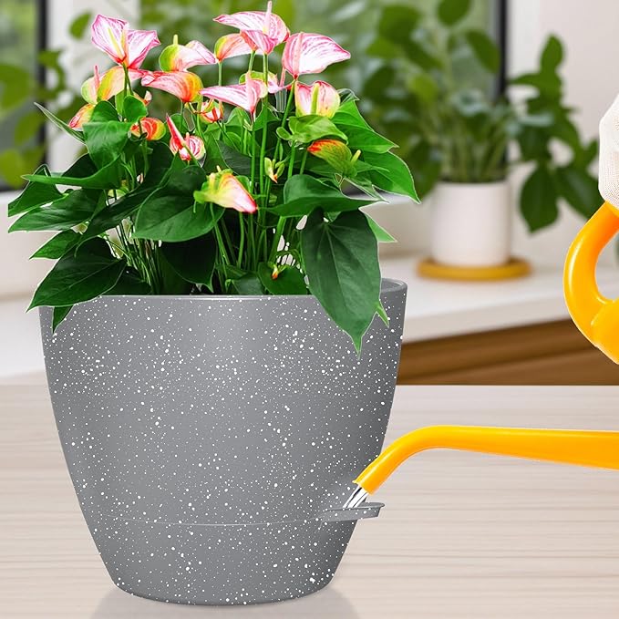 12 Inch Large Self Watering Pots, Flower Pots with Multi-Mesh Drainage Holes and Saucer, Planters for Indoor and Outdoor Garden Plants (Speckled Grey)