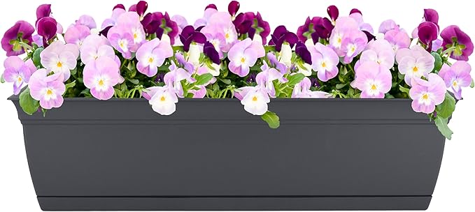 The HC Companies 24 Inch Eclipse Window Planter Box with Drainage Holes & Attached Saucer, Lightweight UV-Resistant Plastic Indoor Outdoor Planters, 2-Pack Flower Box for Garden Home Decor, Warm Gray