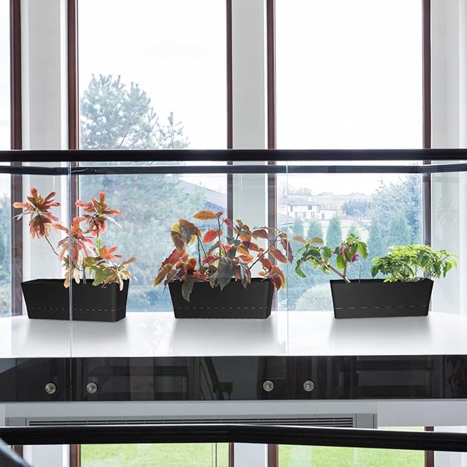 Window Box Planter with Tray, 12" Rectangle Plant Pot, Pack of 3 (Black)