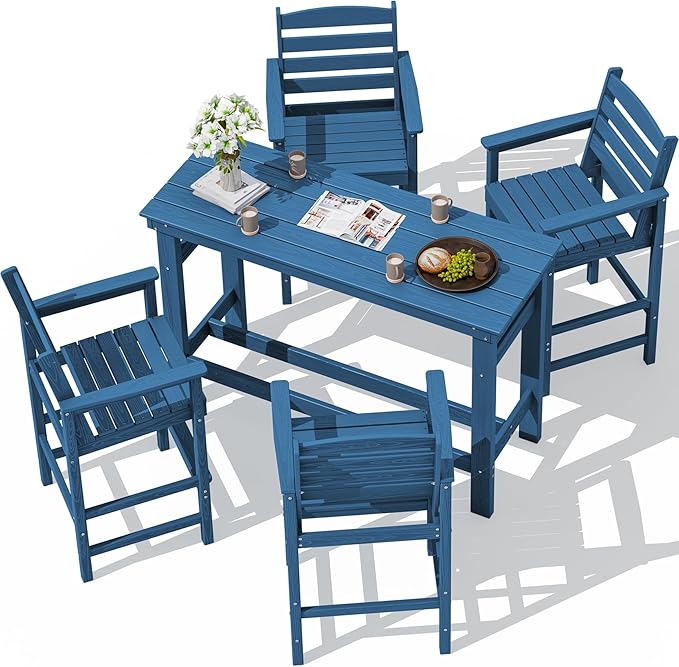 SERWALL Outdoor Bar Set - 4 Adirondack Bar Chairs & Bar Height Table with 1.6" Umbrella Hole, All-Weather HDPE Patio Furniture for Poolside, Backyard, Garden - Blue