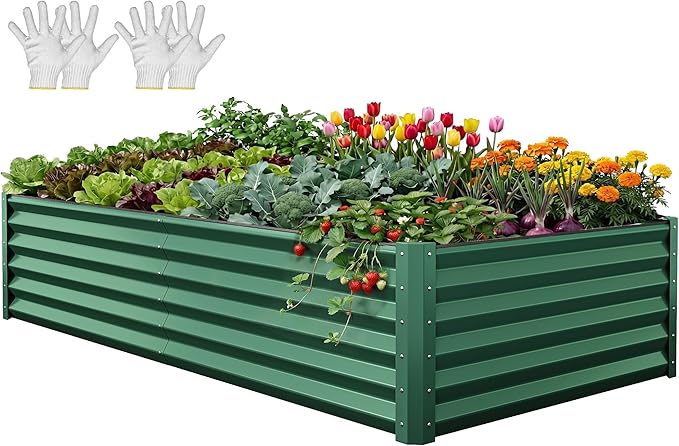 YITAHOME 8x4x1.5ft 2pcs Large Raised Garden Bed Kit, Galvanized Metal Planter Box with Gloves, Ground Nails & Safety Rubber, Outdoor Above Ground Planters for Plants Vegetables Flowers, Green
