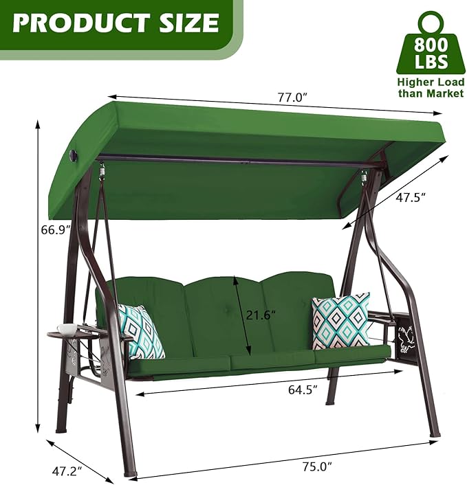 3-Seat Outdoor Porch Swing with Stand Patio Swing with Canopy 2 in 1 Porch Swing Bed & Patio Swing Chair for Adult w/Extra Pillows and Cup Holder for Yard(Green)