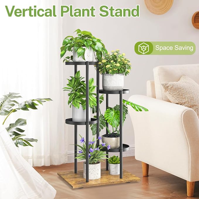 iDavosic.ly 4 Tier Plant Stand Indoor Outdoor, Tiered Corner Multiple Flower Pot Holder Shelf, Metal 30 Inch Tall Display Rack for Patio Porch Living Room Garden Balcony, Modern Black & Rustic Brown