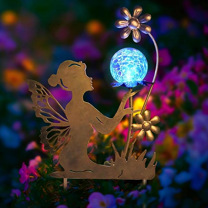 HONGLAND Solar Lights Fairy Garden Decor for Outside,Fairy Figurine Decorative Stake Housewarming Gifts for Patio Lawn Yard Pathway Outdoor Decor-Unique Valentines Day Gifts for Women Mom Grandma