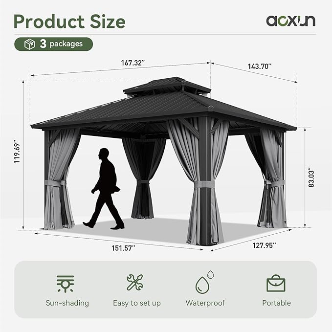 Aoxun 12'x14' Hardtop Gazebo, Aluminum Frame Canopy with Double Galvanized Steel Roof, Outdoor Metal Pavilion with Netting, Curtains for Backyard, Patio and Deck
