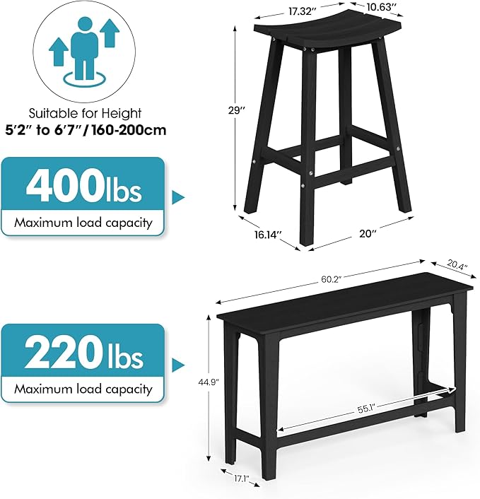 Ciokea 3 Pcs Outdoor Bar Height Table and Stools Set, 60" Extra Long Rectangle High Top Table and 2 Backless Bar Stools, Heavy-Duty All-Weather HDPE Patio Bar Set for Backyard Balcony Deck, Black