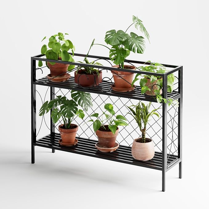 Zhongma 2 Tier Metal Sturdy Narrow Plant Stand, 47.24L x 12.6 W x 35.43 H inch, Indoor and Outdoor Heavy Duty Metal Plant shelf for Small Spaces 440 LBS Capacity