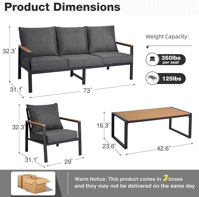 Patio Furniture Set, 4 Pieces Outdoor Furniture Patio Conversation Set with High Back, Faux-Wood Armrest and Tabletop, Outdoor Couch Patio Sofa Set for Balcony, Porch, Backyard, Grey